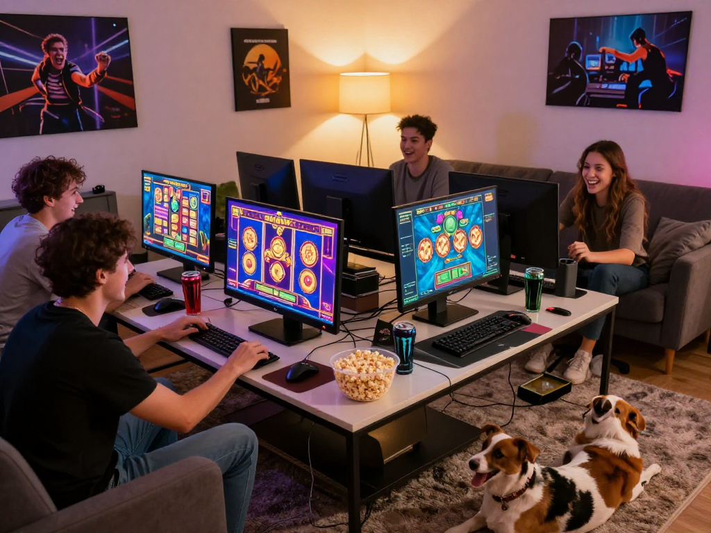 Friends enjoying an exciting gaming session, exploring agen gacor online slots in a cozy living room.