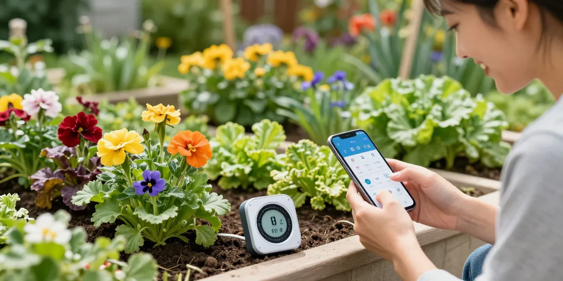 Homeowner using rainpoint water timer in vibrant garden, ensuring optimal plant care.