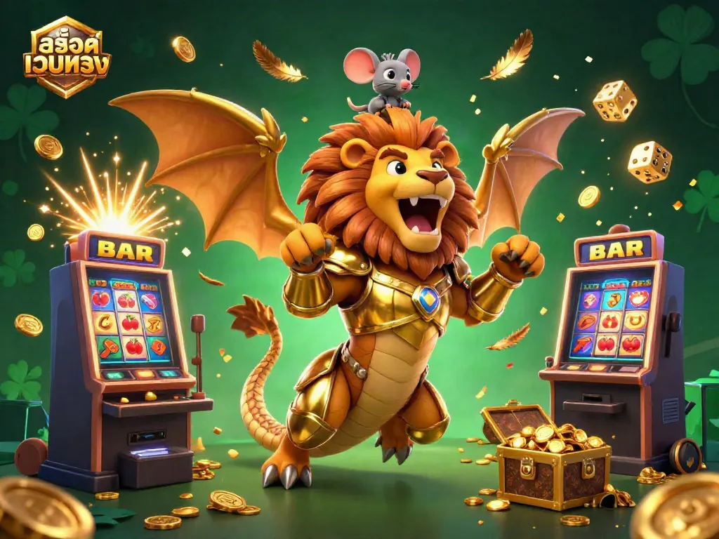 Experience thrilling wins with สล็อตเว็บตรง as a brave mouse jockey rides a roaring chimera amidst exploding jackpots and gold.