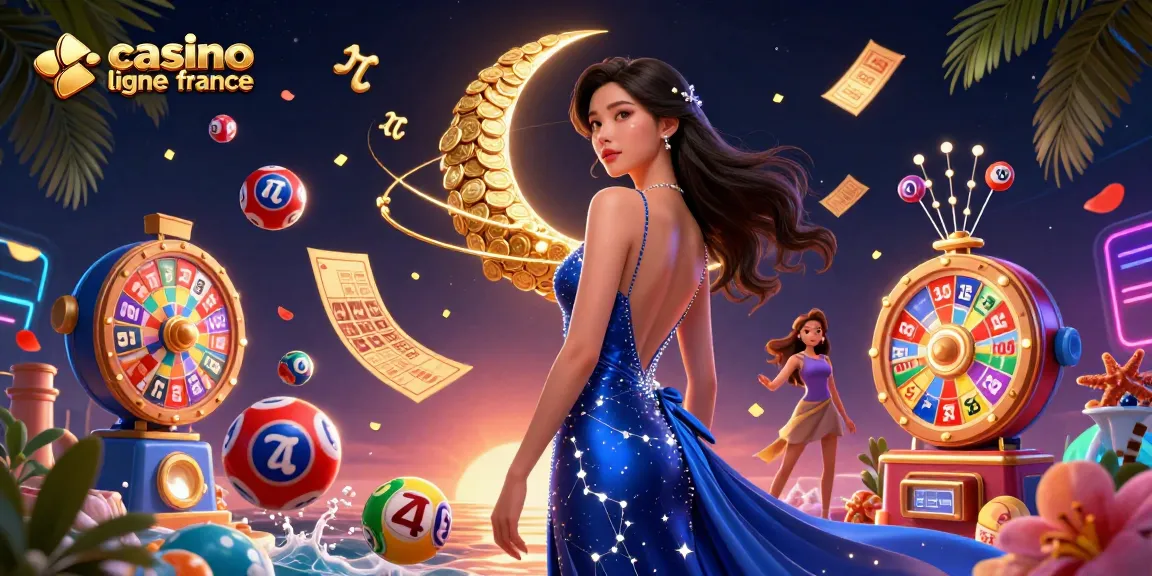 Scène captivante présentant une femme glamour représentant casino en ligne france entourée d'éléments de loterie vibrants.
