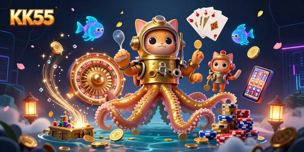 Experience thrilling play at KK55 with a kraken, diving cat, and vibrant casino elements.