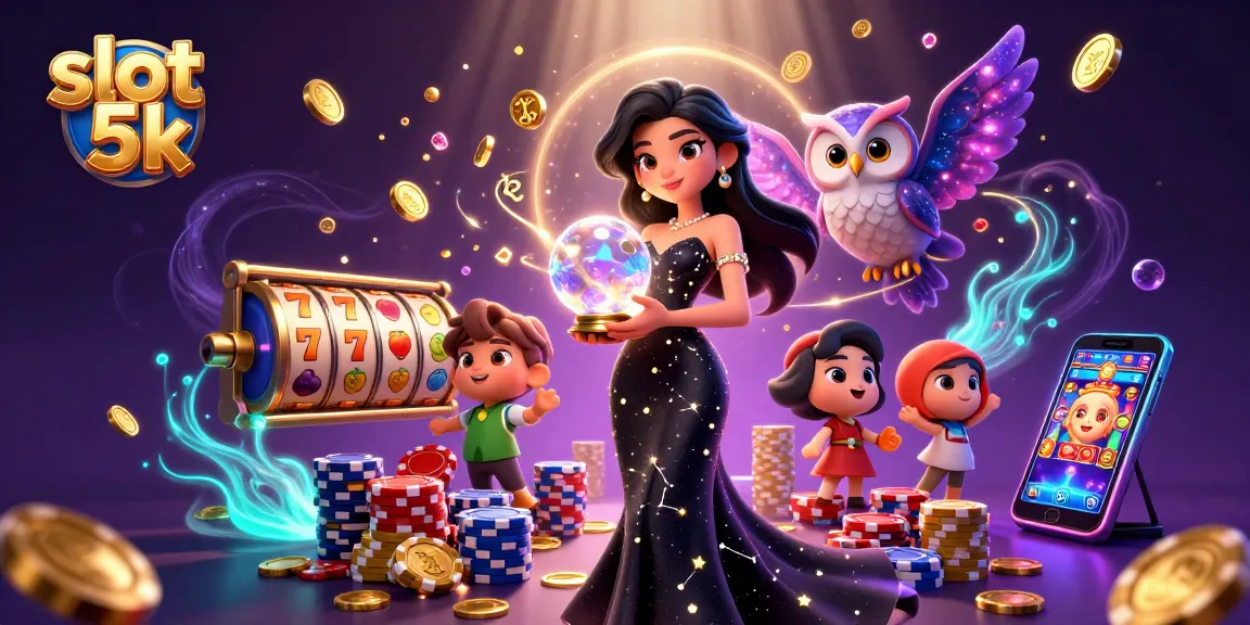 Experience thrilling wins playing slot 5k in this vibrant casino illustration, featuring exotic characters and dynamic game elements.