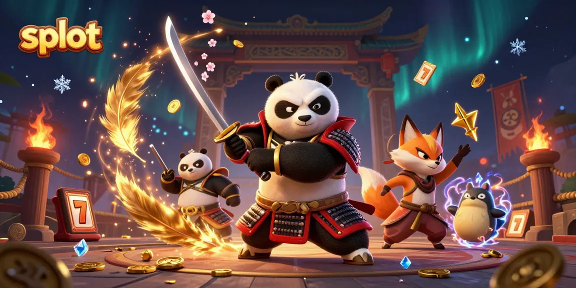 Engage with slot reels and magic in this colorful illustration featuring a panda samurai and playful ninja fox.