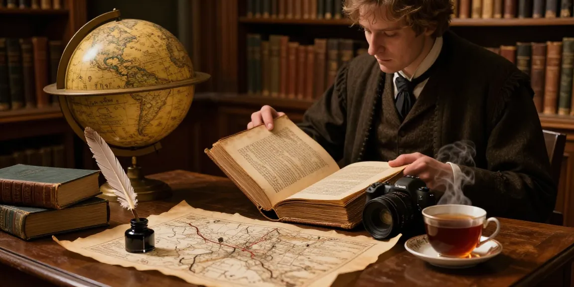 Explore Tynte's Castle content at https://tyntescastle.com, scholar researching history in a warm library.