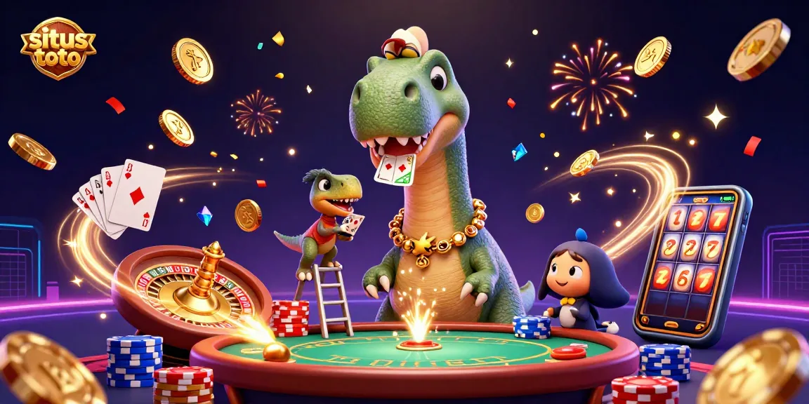 Experience the excitement of situs toto as dynamic characters interact in a packed casino scene with vibrant elements.