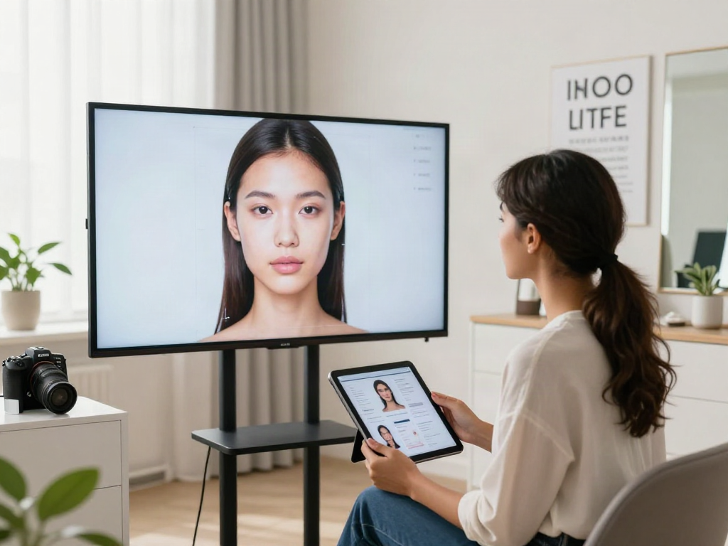 Young woman exploring facial features, showcasing how ClinicEvo is a better alternative to QOVES for personalized beauty analysis.