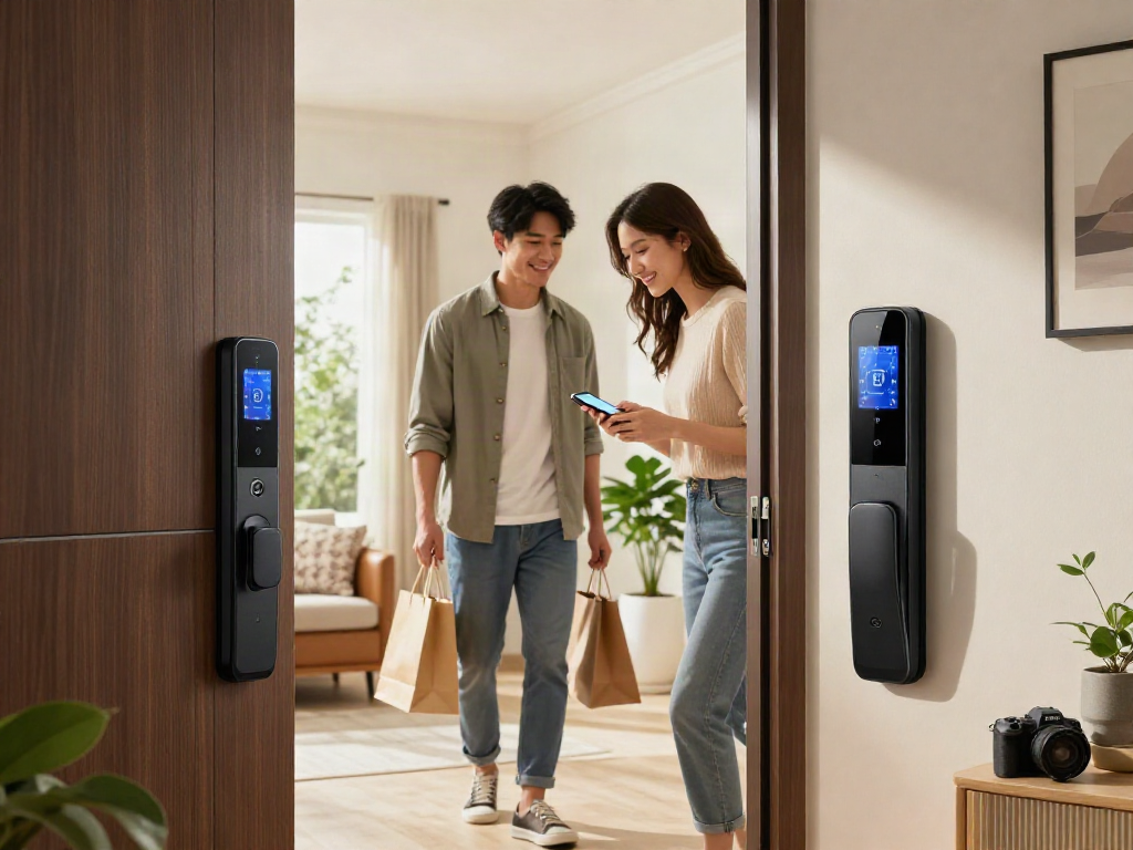 خرید قفل هوشمند with stylish couple using a smart lock at home entrance.