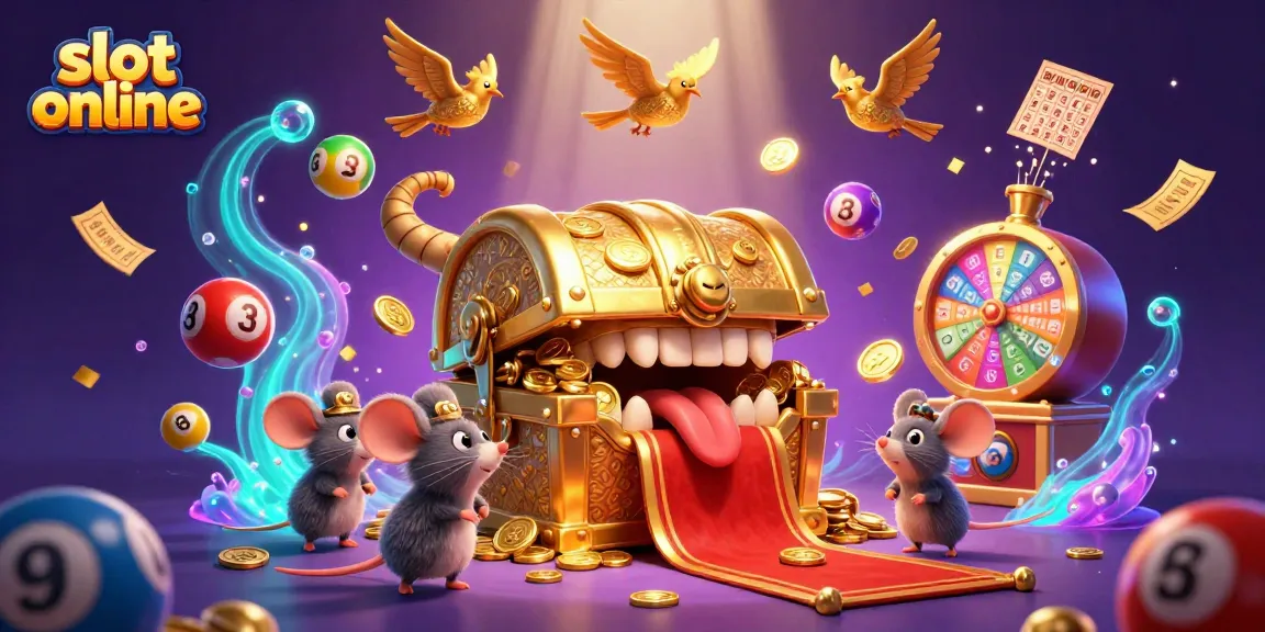 Slot online dengan peti harta karun dan bola lotere berwarna-warni, menarik perhatian pemain.