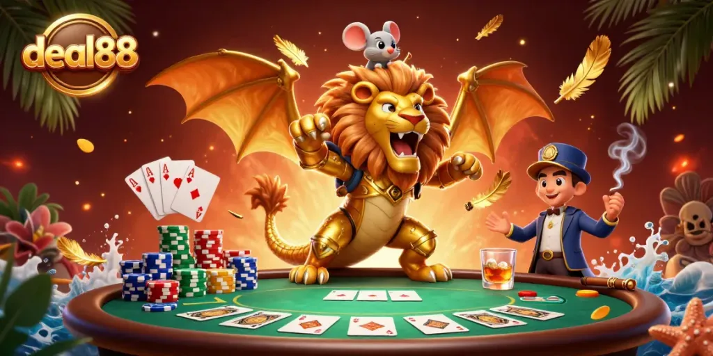Engage with deal88's triumphant casino scene featuring a chimera and poker elements.