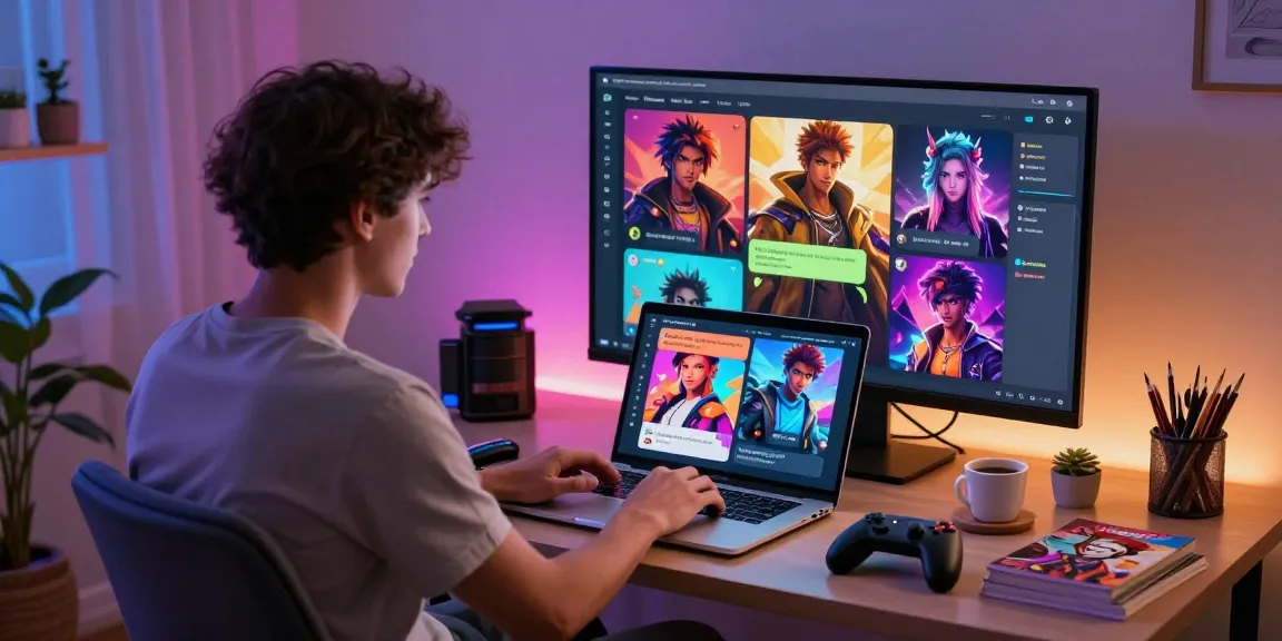Interactive NSFW AI chat session with multiple character avatars on a laptop, showcasing immersive engagement in a modern home office.