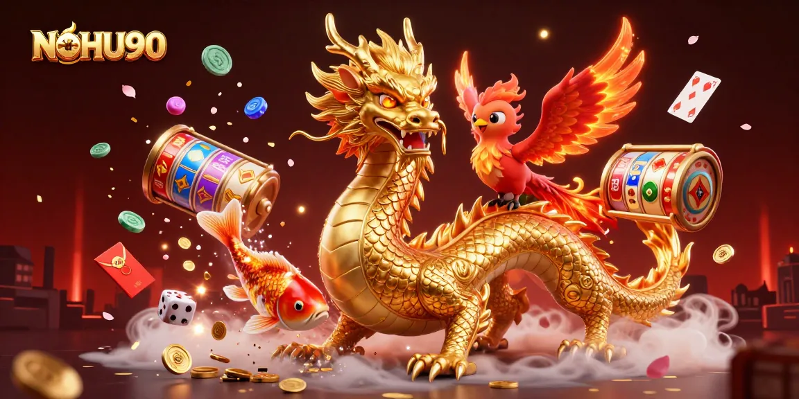 Play to win with NOHU90 featuring a golden dragon, phoenix, and koi fish in an exciting casino scene.
