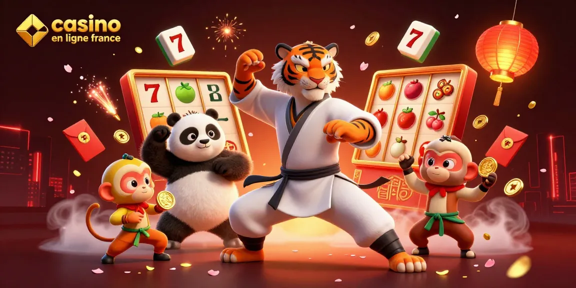 Illustration de casino en ligne France montrant un tigre kung-fu en posture avec des éléments de jeu.