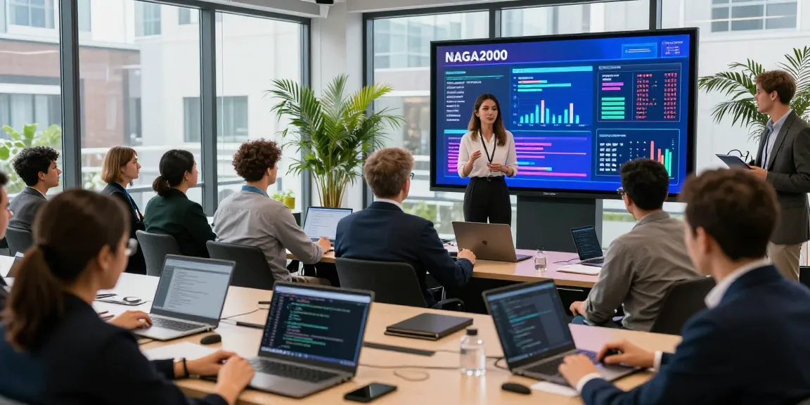 NAGA2000 software presentation at a dynamic tech conference with diverse professionals engaging and networking.