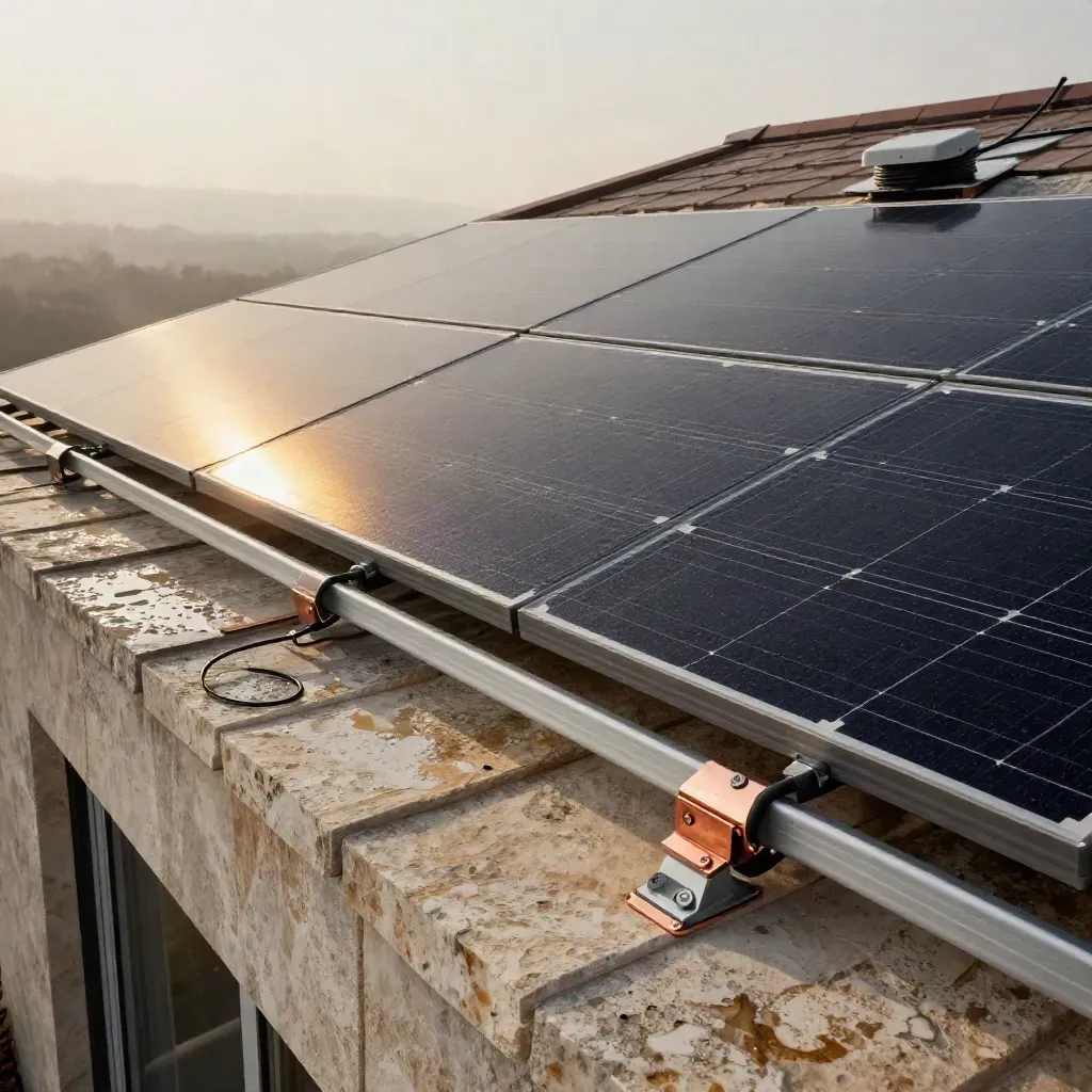 Solar panel corner and roof hardware on a rain-sheened limestone roof at dawn.