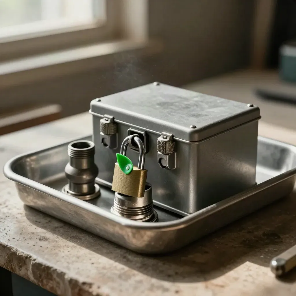 Solar retrofit hardware in a metal tray, close-up with dramatic light.