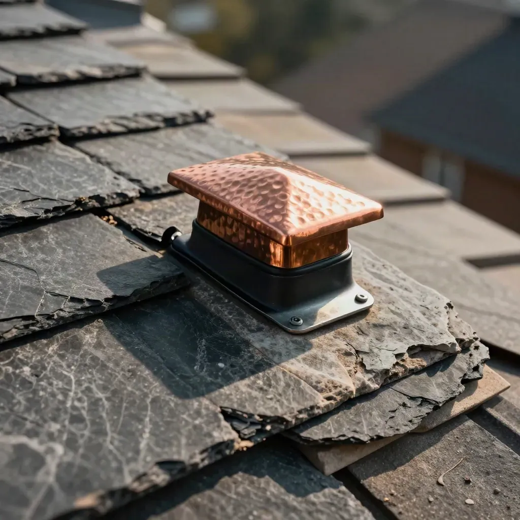 Slate tile, copper vent cap, weather seal, and meter collar on a rooftop in dramatic low light.