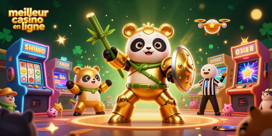 Découvrez le meilleur casino en ligne avec des machines à sous et un panda doré ludique dans une scène dynamique.
