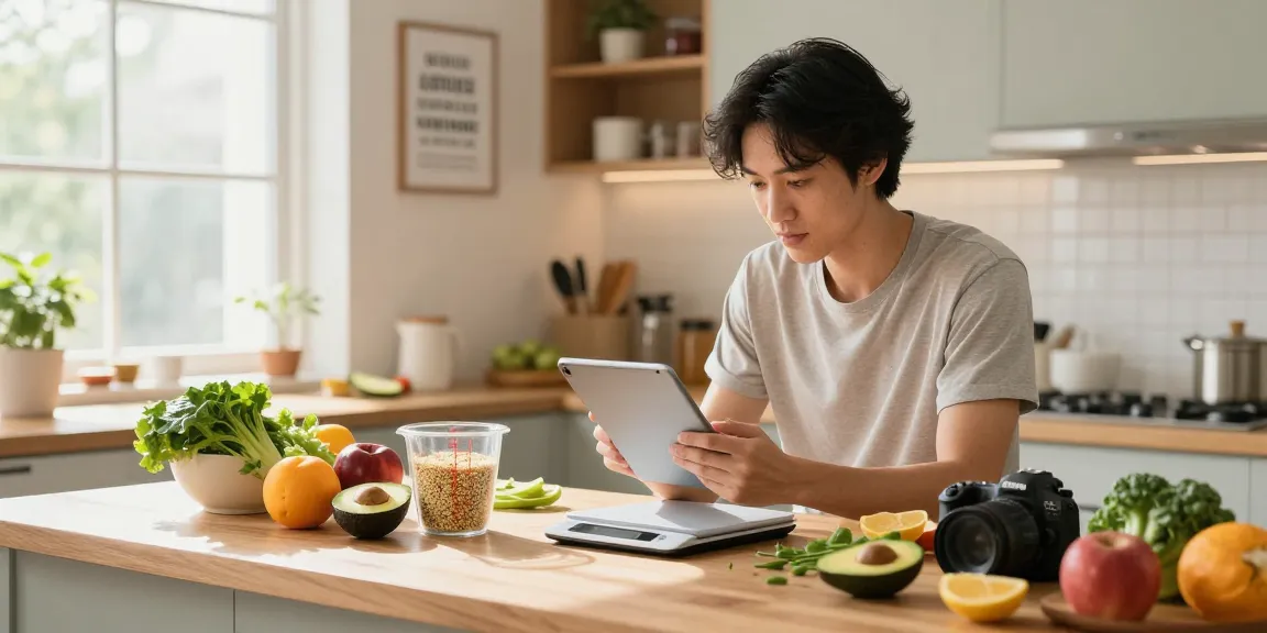 Tracking meals with the best AI calorie tracker in a bright kitchen, filled with fresh ingredients.
