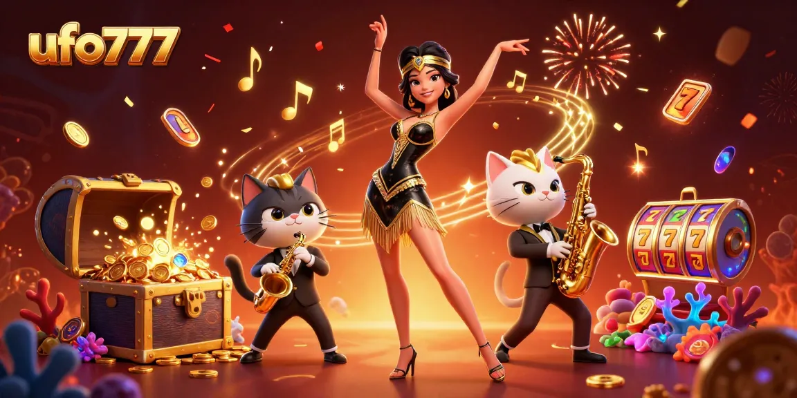 Spin and win with ufo777 featuring a glamorous flapper and jazz cat in a vibrant casino scene.