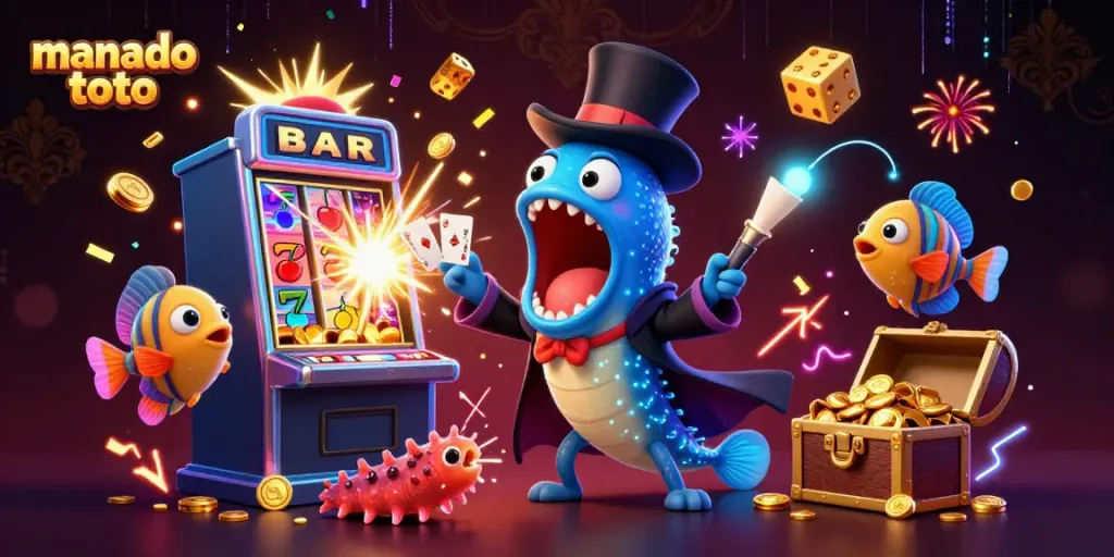 Experience the magic with manado toto in this vibrant 3D casino illustration featuring unique underwater characters.