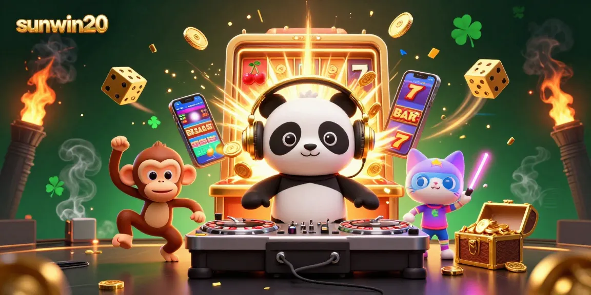 Experience excitement with sunwin20 as a DJ panda spins casino wheels, surrounded by vibrant gaming symbols.