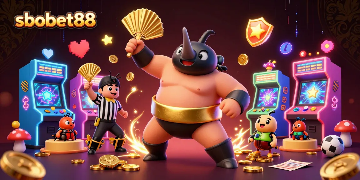 Experience sbobet88 with a thrilling sports betting scene featuring a sumo beetle and neon gaming elements.