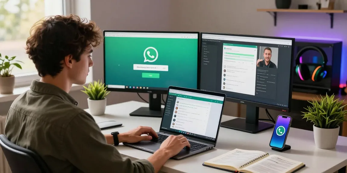 Person using WhatsApp網頁版 in a sleek home office with dual monitors and warm lighting.