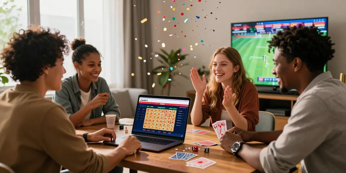 Exciting celebration of online gambling at https://shbet.cruises/ with friends enjoying lottery success and sports betting.