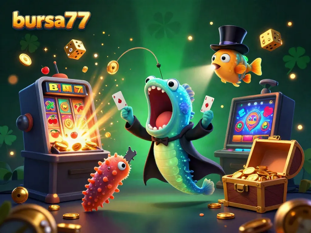 Slot online bursa777 dengan jackpot yang menarik perhatian, menampilkan karakter lucu dan elemen kasino.