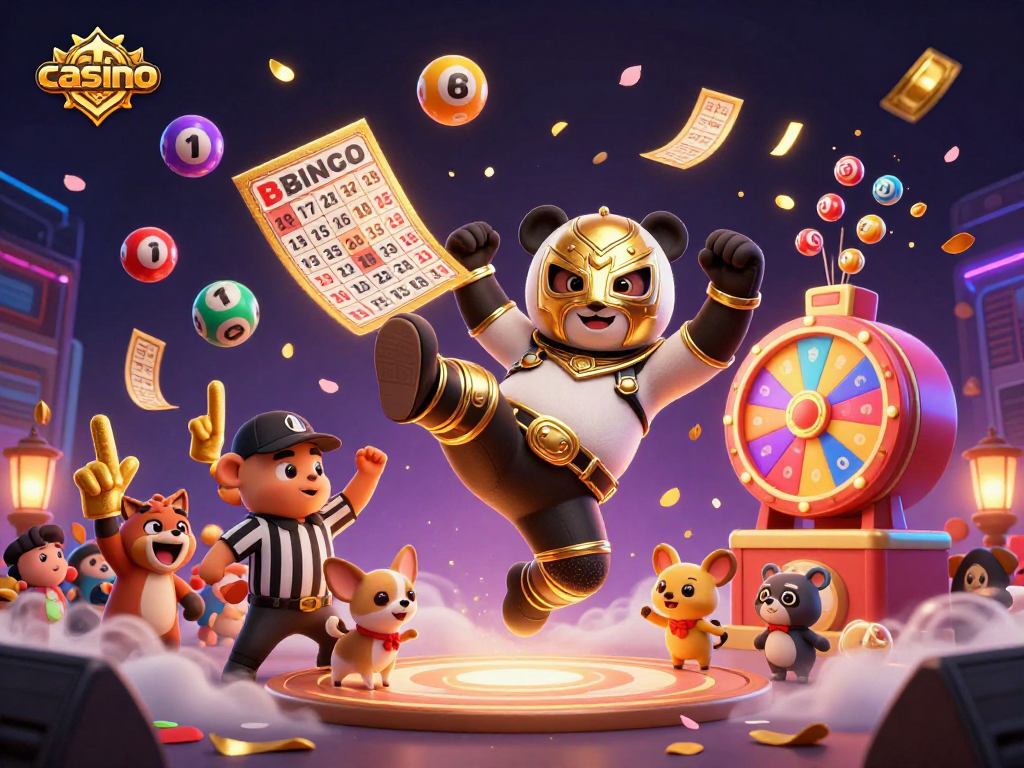 Exciting casino scene showcasing a panda wrestler kicking, amidst vibrant lottery elements and cheering animals.