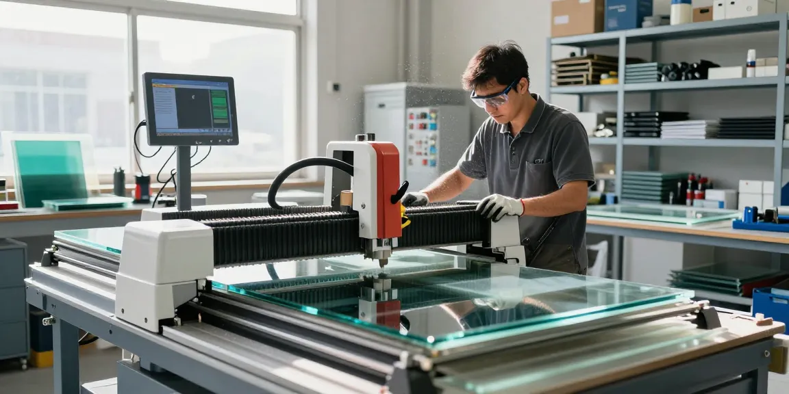 CNC glass cutting machine in a modern workshop operated by a technician, showcasing high-tech glass processing.