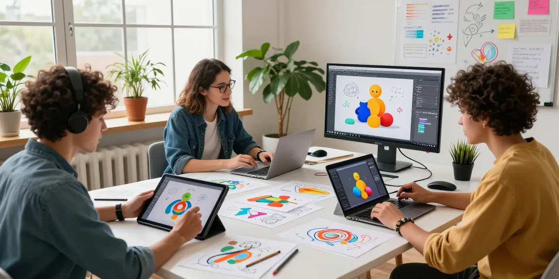 Artists using nano banana AI for image editing in a vibrant studio space.