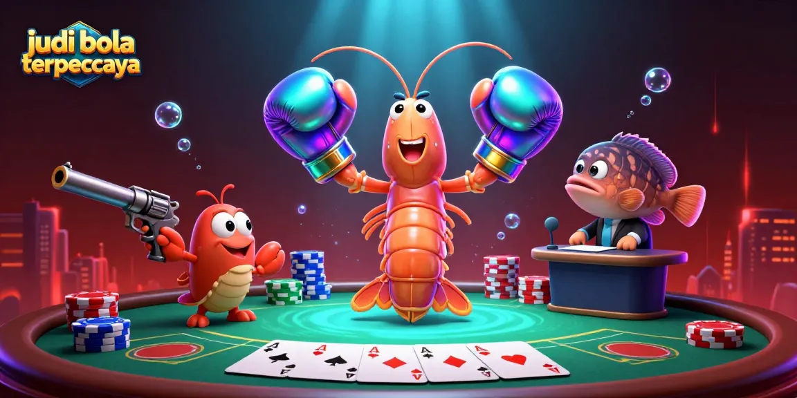 Engage in judi bola terpercaya with a dynamic 3D casino scene featuring colorful poker elements and unique characters.
