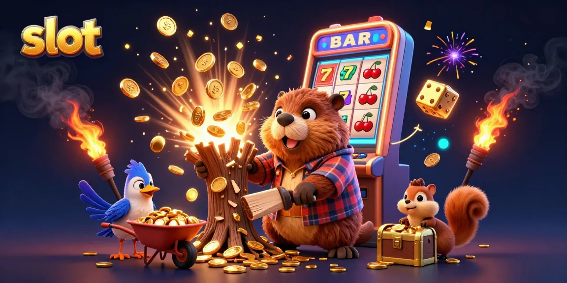 Engage with the excitement of slot games as a cute beaver collects gold coins in a vivid casino scene.