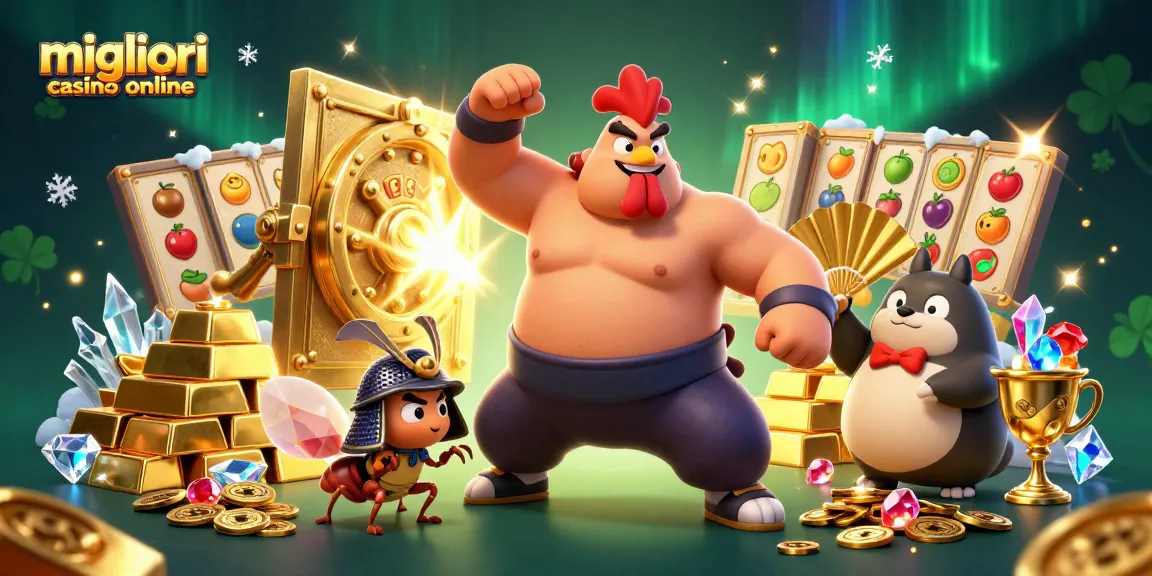 Illustrazione 3D dei migliori casino online di un potente gallo sumo e di un grillo samurai tra tesori scintillanti di casinò e slot machine.