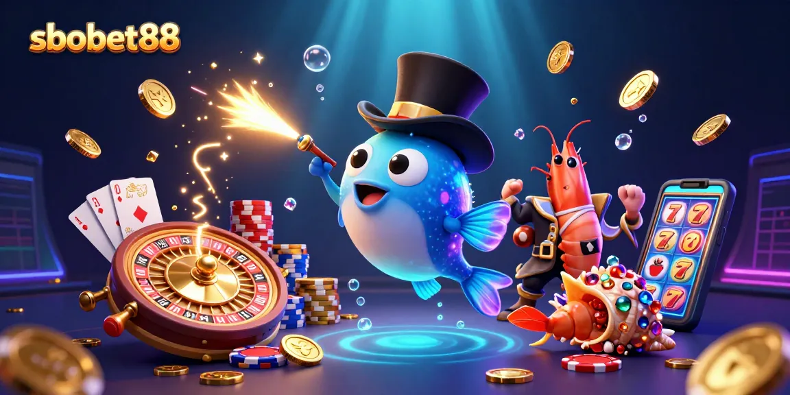 Engage with sbobet88's vibrant casino world, featuring 3D characters and dazzling game elements.