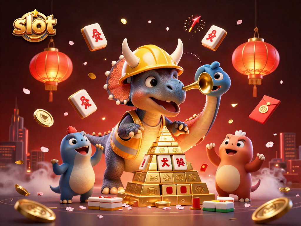 Engaging scene showing slot reels celebrating with a triceratops, surrounded by vibrant casino elements.