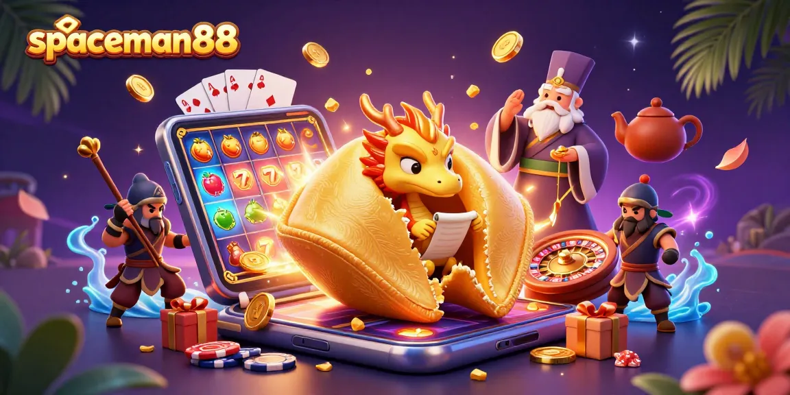 spin wins with spaceman88 in a vibrant casino scene featuring a dragon, fortune cookie, and slot game action