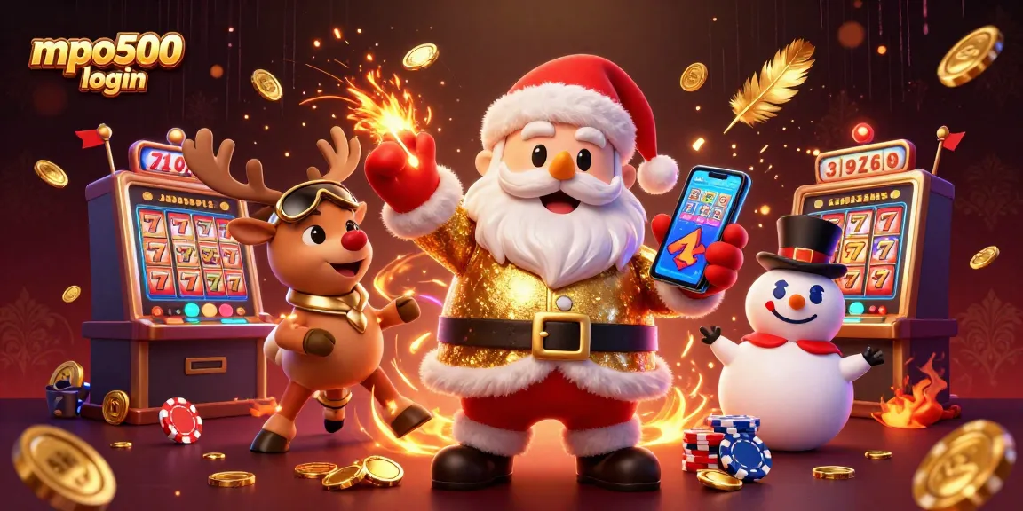 Experience mpo500 login excitement with a festive casino scene featuring cartoon Santa, reindeer, and snowman.