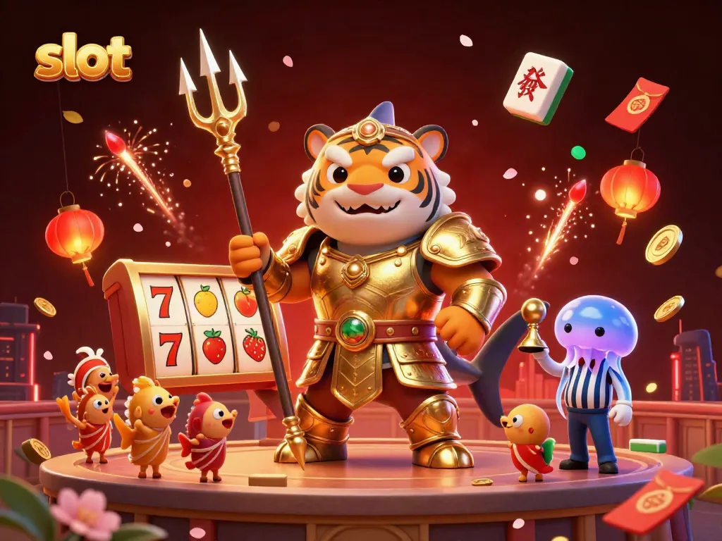 Engaging slot gaming scene with a tiger shark in gladiator armor, vibrant symbols, and festive background.