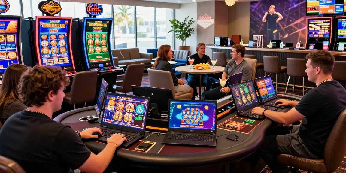 Exciting online casinos Australia scene with players enjoying digital pokies and gambling on tablets.
