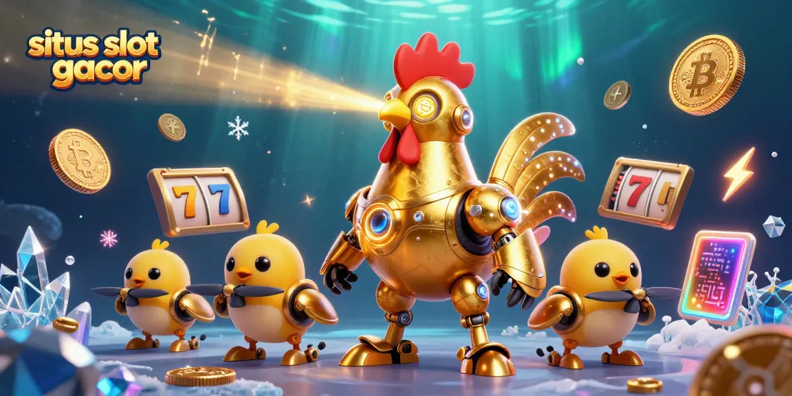 Engage with situs slot gacor through a vibrant 3D scene with a golden rooster robot and vibrant slot game elements.