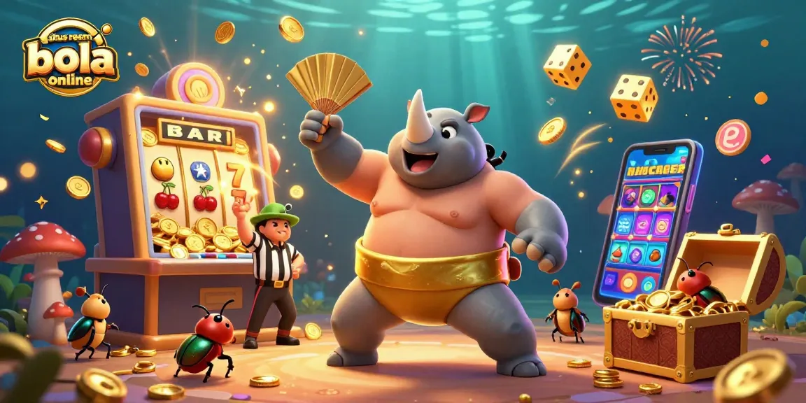 Situs resmi bola online features a vibrant 3D beetle sumo champion with golden coins flying in an action-packed casino scene.