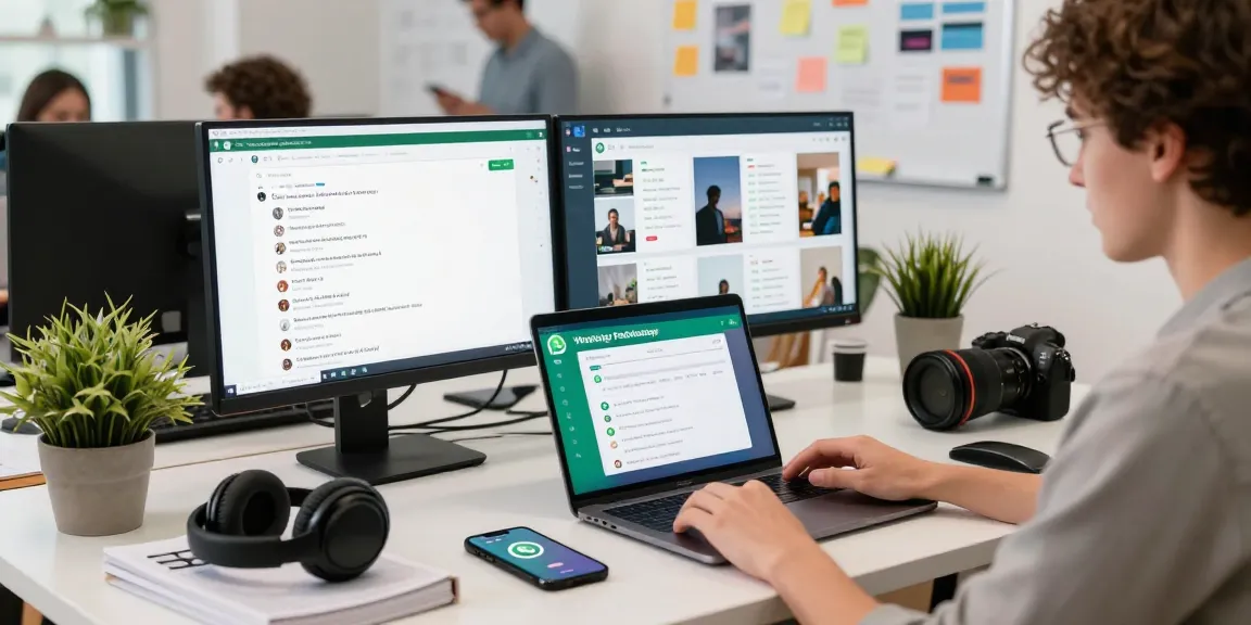 Using WhatsApp網頁版 on a modern desk with dual monitors and a smartphone, showcasing communication efficiency in a tech workspace