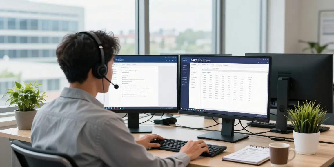 Customer service agent providing Telus-Technical-Support on a phone call in a modern office setting.