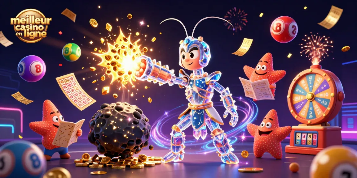 Plongez dans l'univers du meilleur casino en ligne, où une crevette-mante galactique et une étoile de mer naviguent dynamiquement parmi des boules de loto et des tickets dorés.