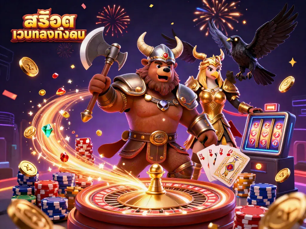 Engage with สล็อตเว็บตรงทั้งหมด in this vibrant 3D illustration featuring magical characters amidst coins, cards, and casino excitement.