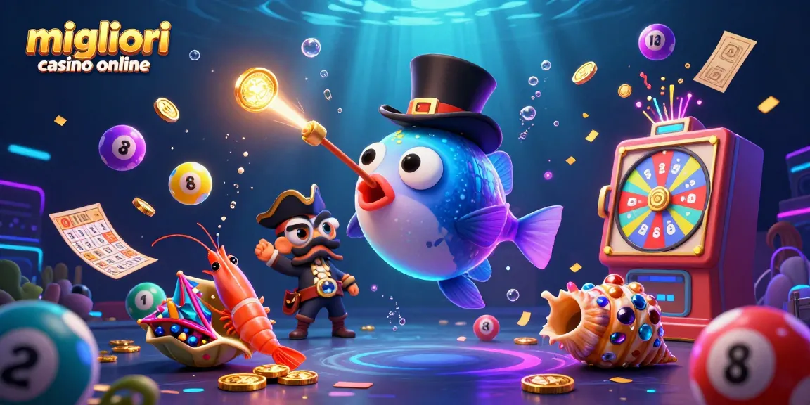 Illustrazione coinvolgente che presenta personaggi dei migliori casino online che sfruttano la fortuna con monete brillanti ed elementi vibranti della lotteria.