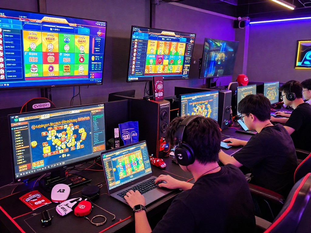 Diverse gamers collaborating on strategies for exciting pasaran togel, surrounded by vibrant gaming screens showcasing lottery options.