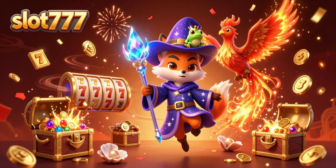 Celebrate wins with slot777 in a vibrant 3D illustration of a wizard fox, phoenix, and treasures!